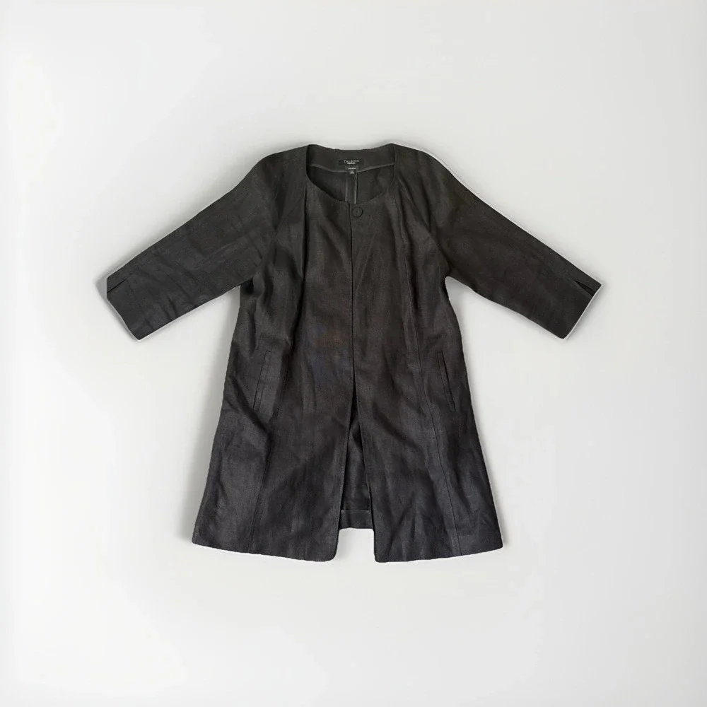 Talbots Jacket Size Large Solid Black 100% Irish Linen Long Blazer Coat Topper - Picture 1 of 6
